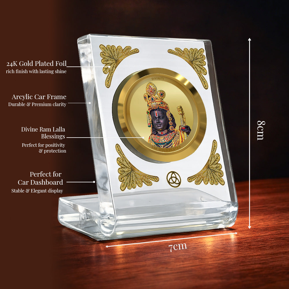 Diviniti 24K Gold Plated Ram Lalla with Arch Acrylic Car Dashboard Frame | Divine Blessings, Protection & Spiritual Harmony for Car, Home, Tabletop & Puja Room | Faith & Grace