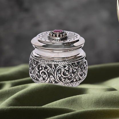 Pure Silver Serenity Box Red Eye Studded, Antique Vintage Design, Handcrafted Jewelry Storage (8x6x7 cm, 136g,)