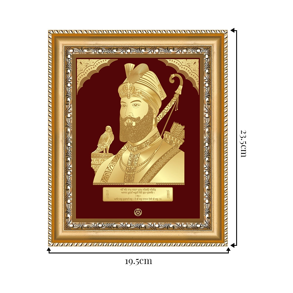 Guru Gobind Singh Ji Wall Hanging frame in 24k gold plated foil showing dimensions
