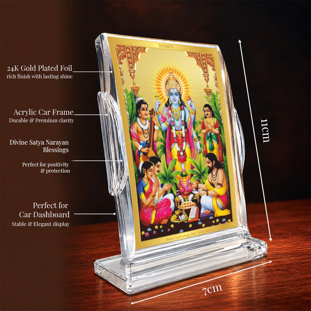 24K Gold-Plated Lord Satyanarayan Acrylic Car Dashboard Frame | 11x7 CM