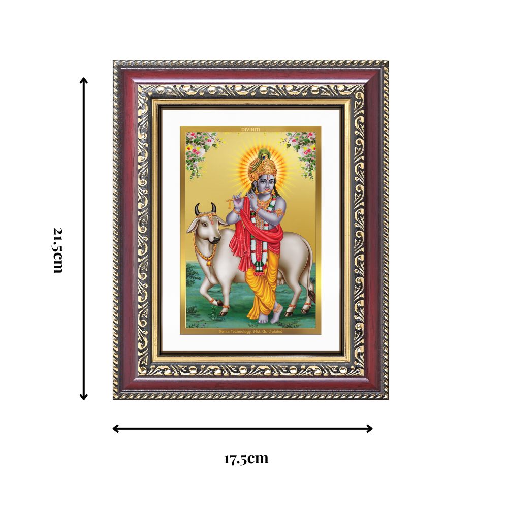 Diviniti 24K Gold Plated Krishna With Surbhi Cow (Classic) Divine Wall and Table Top Frame for Home Mandir & Office Decor | Luxury Spiritual Gift