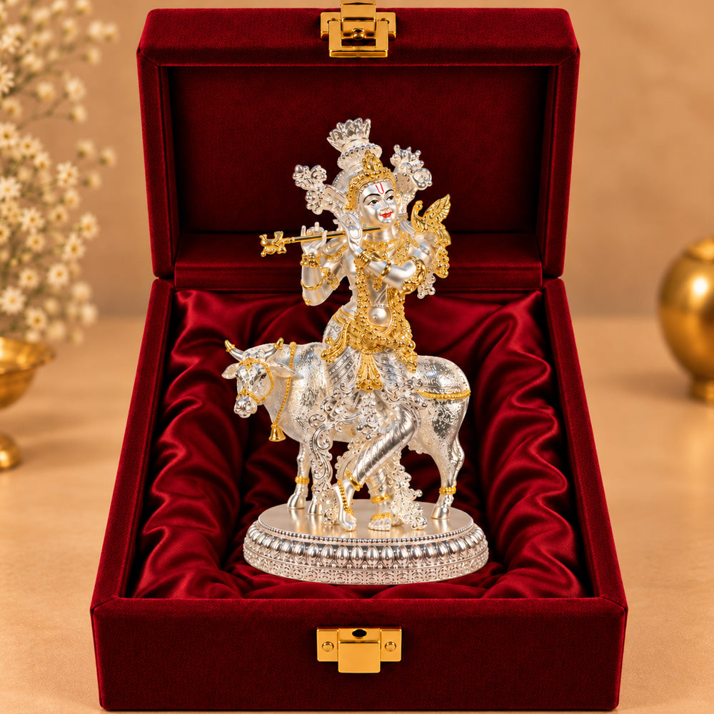 999 Silver-Plated Dual-Tone Lord Krishna with Cow Idol | Premium Gift Box | 26x15 CM