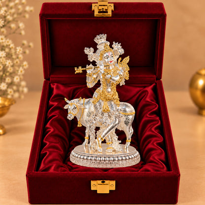 999 Silver-Plated Dual-Tone Lord Krishna with Cow Idol | Premium Gift Box | 26x15 CM