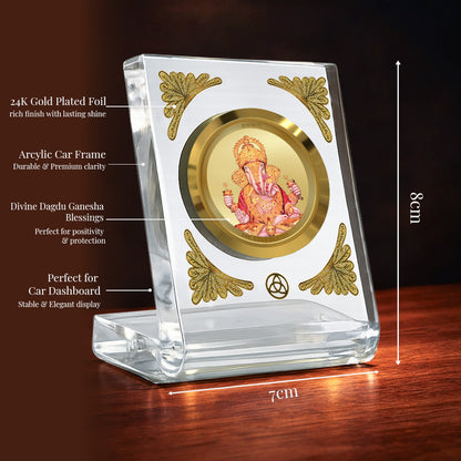 Dagadu Ganesha Diviniti Premium Gold on Gold Car Dashboard Frame with 24K gold plated foil in a crystal clear acrylic frame.