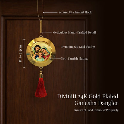 Diviniti 24K Gold Plated Double-Sided Holy Family & Holy Cross Car Dangler (5.5 cm) | Divine Hanging Car Decor for Protection, Positive Energy & Spiritual Blessings