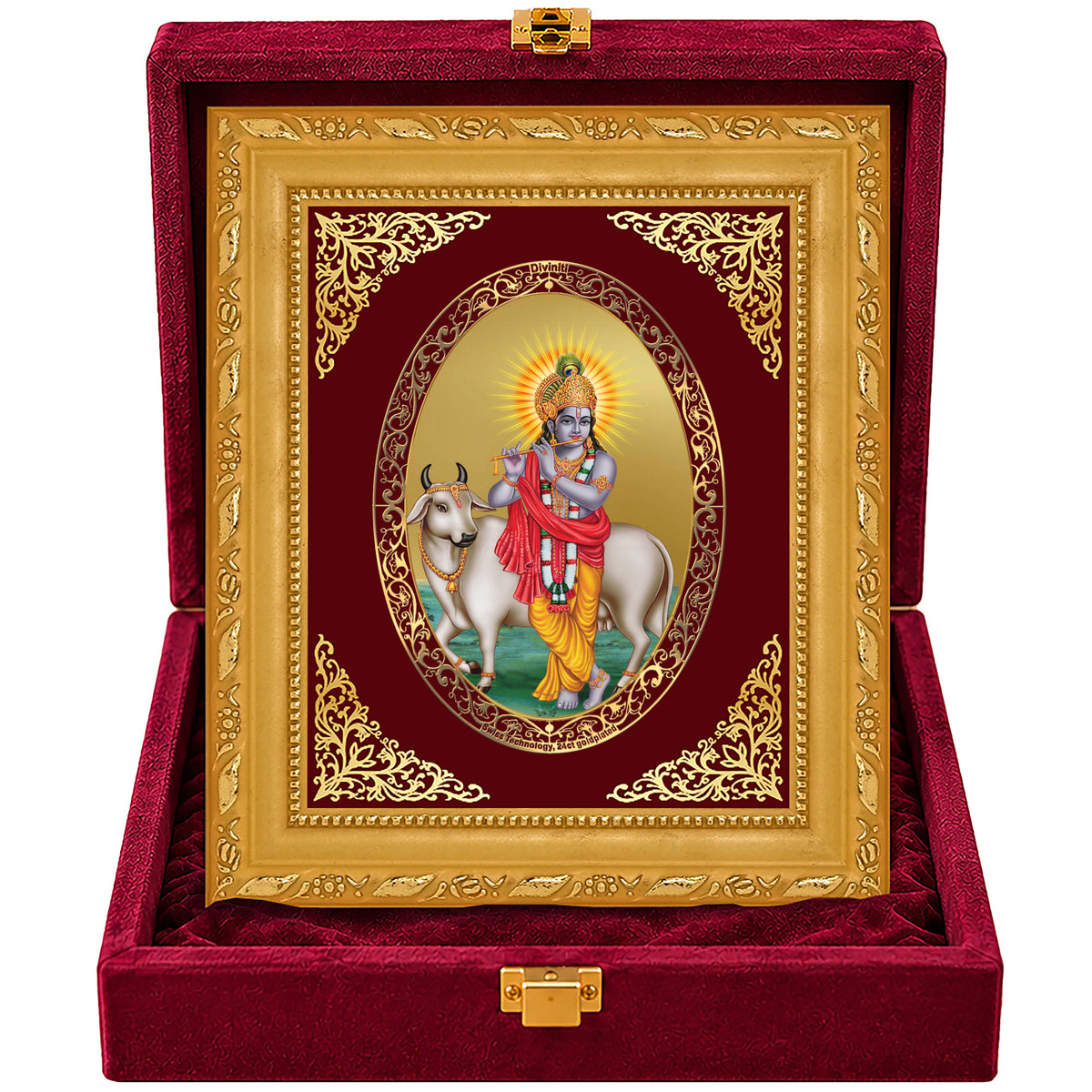 24K Gold-Plated Lord Krishna with Surbhi Cow Frame | Premium Gift Box | 21.5x17.5 CM