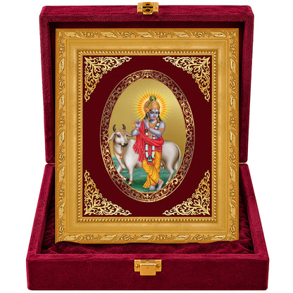 24K Gold-Plated Lord Krishna with Surbhi Cow Frame | Premium Gift Box | 21.5x17.5 CM