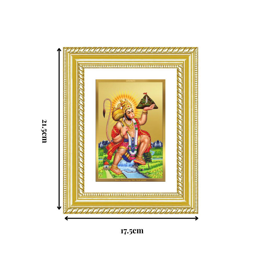 Diviniti 24K Gold Plated Hanuman With Mountain (Classic) Divine Wall and Table Top Frame for Home Mandir & Office Decor | Luxury Spiritual Gift