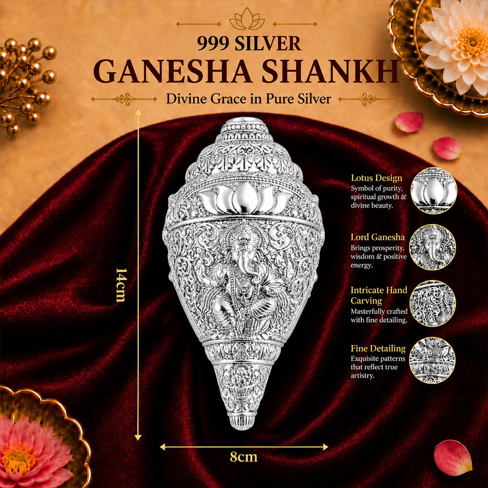 999 Silver-Plated Ganesha Shankh | Premium Gift Box | 14x8 CM