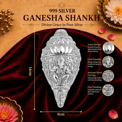 999 Silver-Plated Ganesha Shankh | Premium Gift Box | 14x8 CM