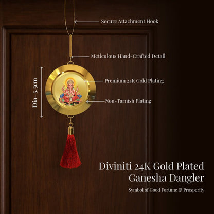 Diviniti 24K Gold Plated Double Sided Ganesha & Yantra Car Dangler|5.5 CM Ganesha Hanging Car Decor|Luxurious 24K Gold Plated Dangler For Car|Divine Car Accessories For Positive Energy & Protection