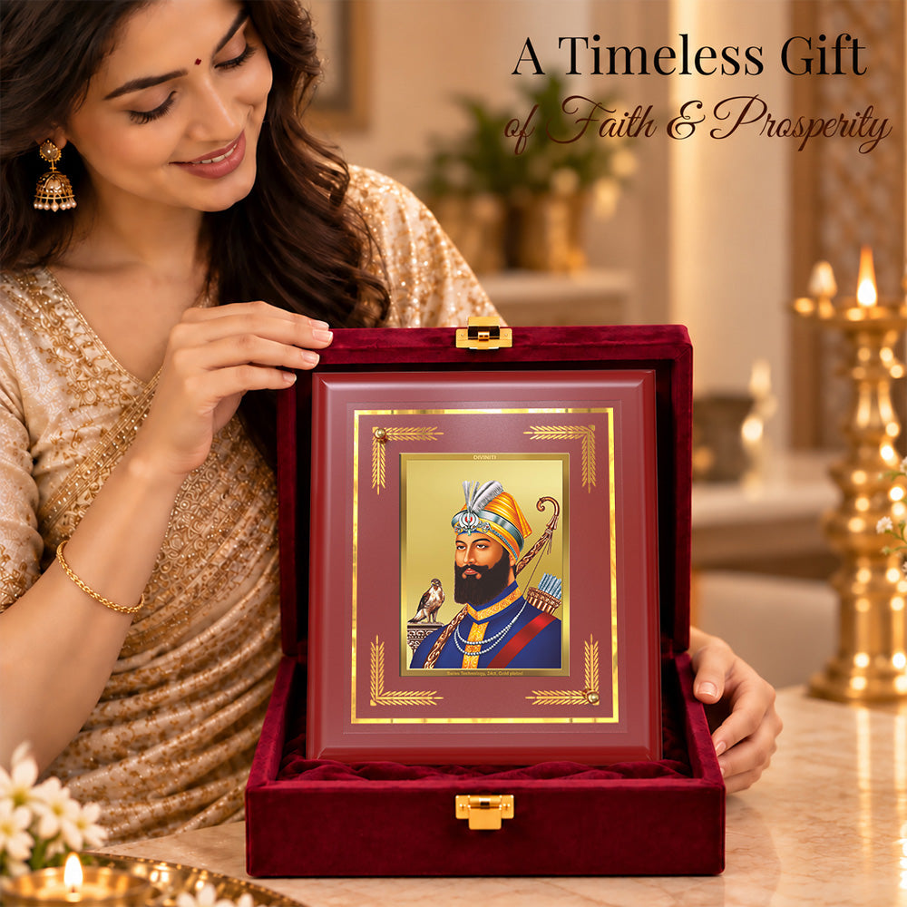 24K Gold-Plated Guru Gobind Singh Ji MDF Frame | Premium Gift Box | 16 X 13.5 CM