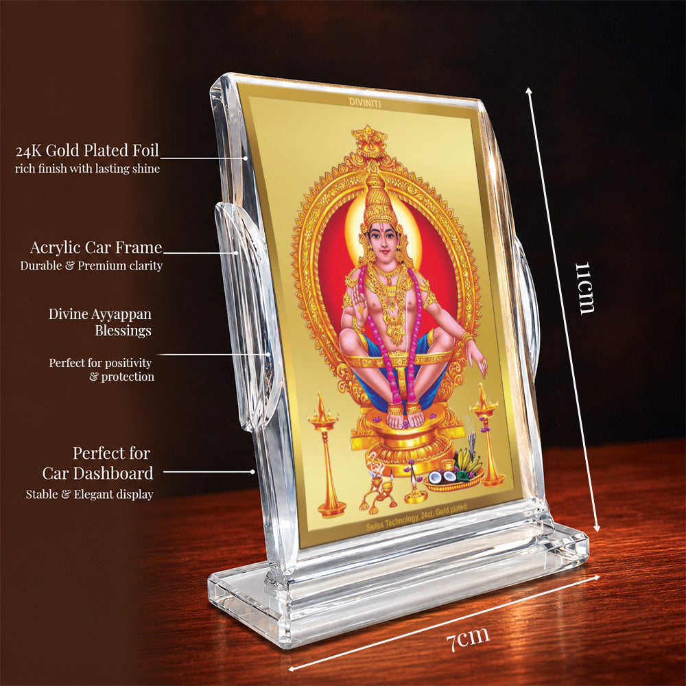 24K Gold-Plated Lord Ayyappan Acrylic Car Dashboard Frame | 11x7 CM