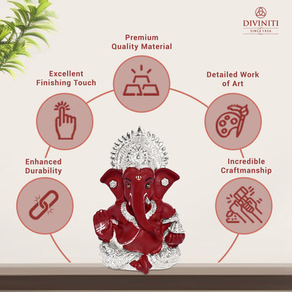 Diviniti 999 Silver Plated Resin Lord Ganesha Idol for Car Dashboard Tabletop for Home Decor Mandir Puja Gift Red (8.4x4.2cm)