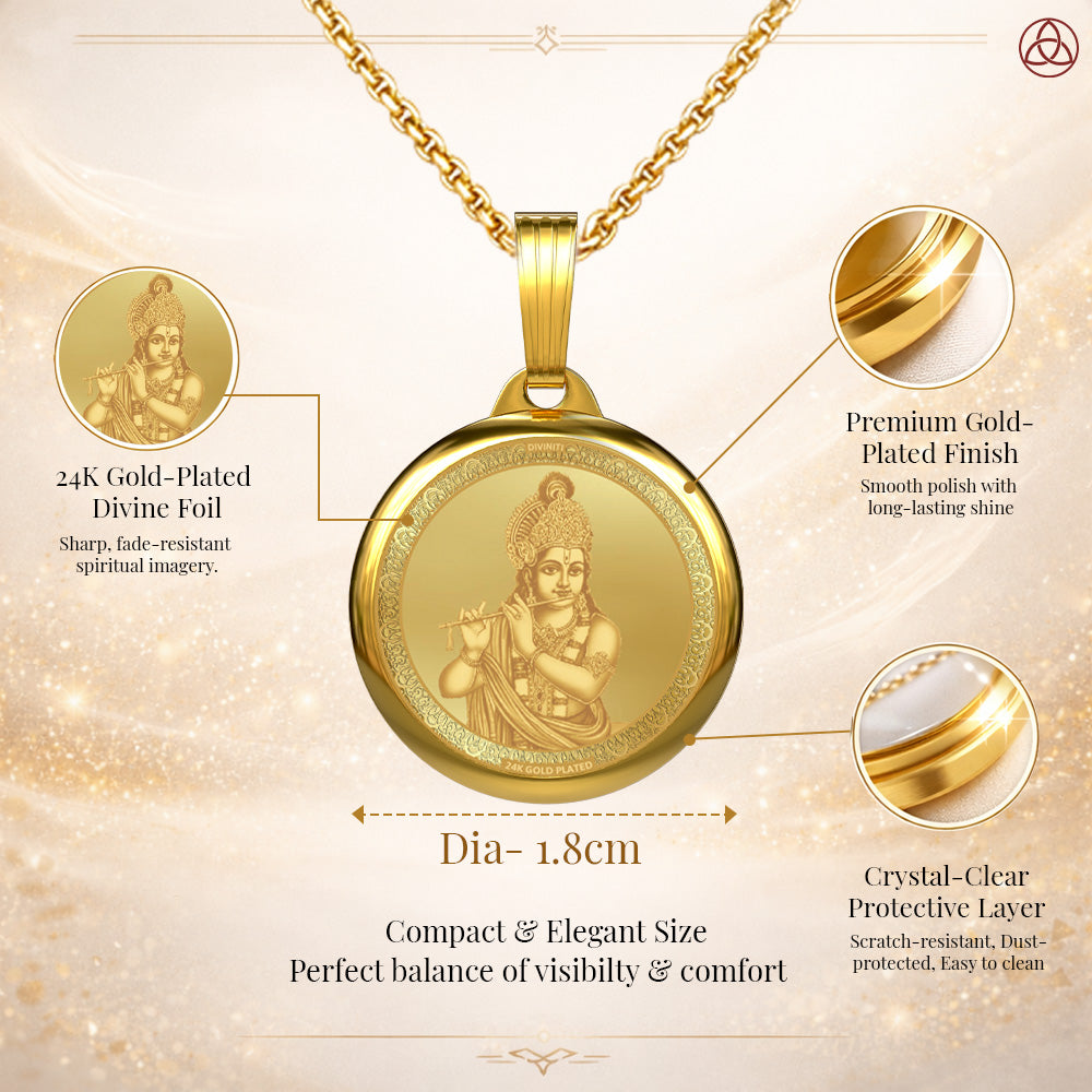 Diviniti 24K Gold Plated Lord Krishna & Sacred Yantra Pendant – 18mm Double-Sided Spiritual Pendant