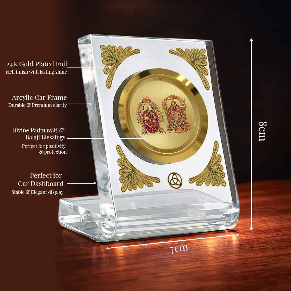 Diviniti 24K Gold Plated Padmavati & Balaji Acrylic Car Dashboard Frame | Wealth, Protection & Divine Blessings for Car, Home, Tabletop & Puja Room | Prosperity & Faith (ACF1CH)
