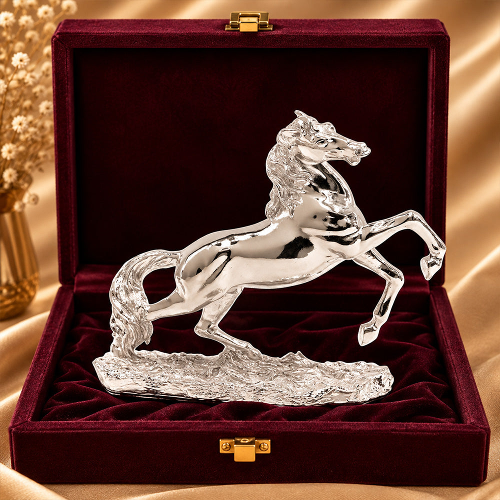 999 Silver-Plated Jumping Horse Idol | Premium Gift Box | 17x22 CM