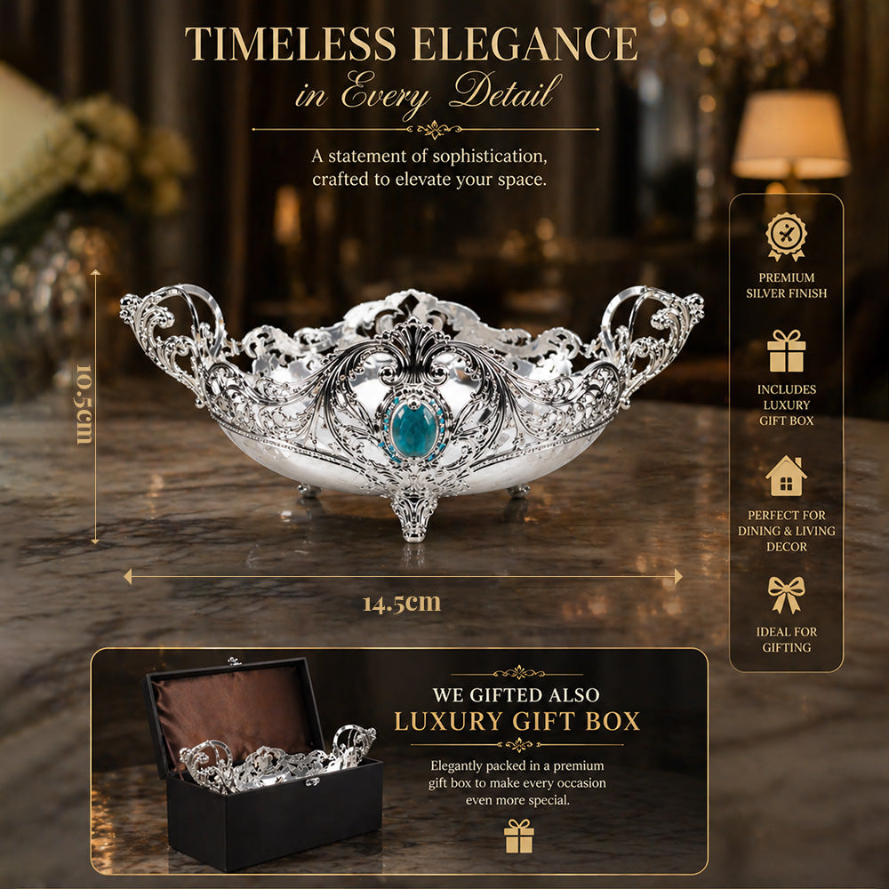 Diviniti German Silver Decorative Bowl with Turquoise Stone accent and luxury gift box on an elegant table.