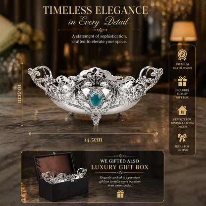 Diviniti German Silver Decorative Bowl with Turquoise Stone accent and luxury gift box on an elegant table.