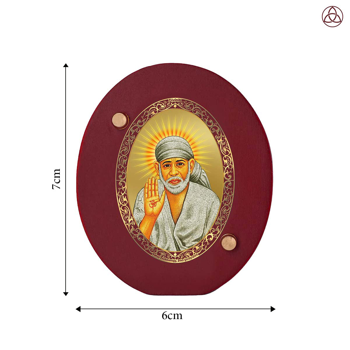 Sai Baba Blessing Pose Car Dashboard & Tabletop Photo Frame, 24K gold-plated, 7x6 cm, intricate design.