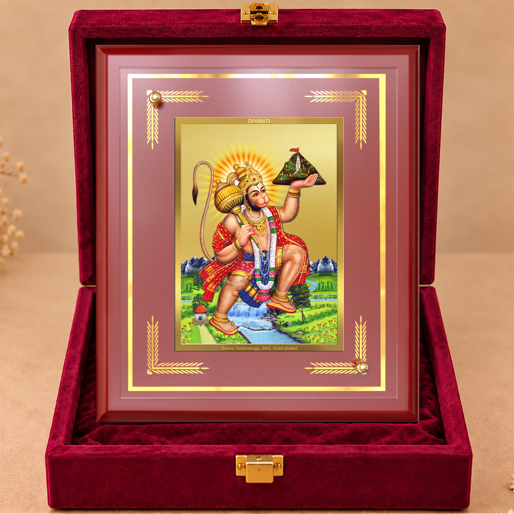 24K Gold-Plated Hanuman with Mountain MDF Frame | Premium Gift Box | 26x20 CM