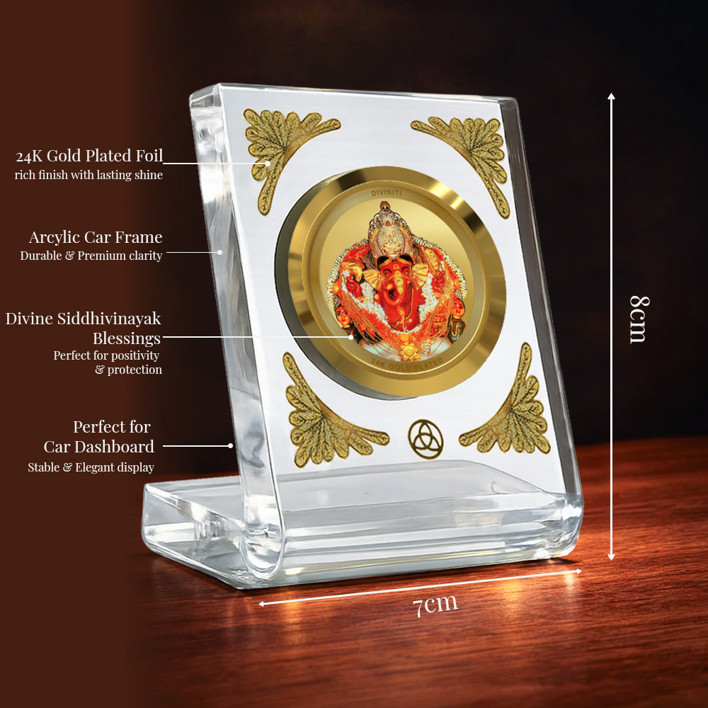Diviniti 24K Gold Plated Siddhivinayak Acrylic Car Dashboard Frame | Lord Ganesha for Car, Home Décor, Tabletop & Puja Room | Blessings of Success, Prosperity & Good Luck (ACF1CH)