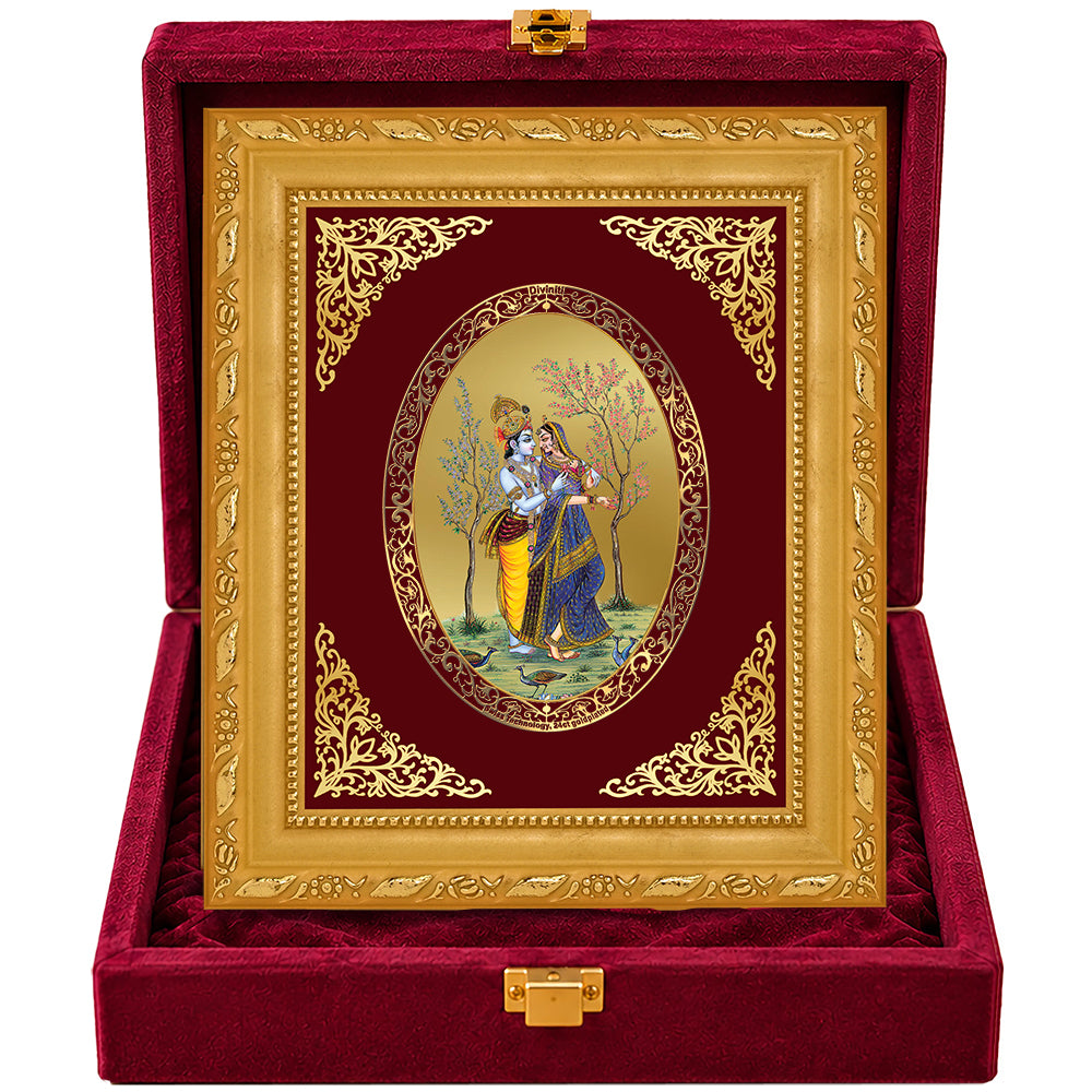 24K Gold-Plated Radha Krishna with Peacock Frame | Premium Gift Box | 16x13.5 CM
