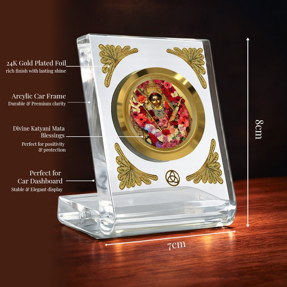 Diviniti 24K Gold Plated Katyayani Mata Acrylic Car Dashboard Frame | Goddess Katyayani for Car, Home Décor, Tabletop & Puja Room | Blessings of Strength, Courage & Protection (ACF1CH)