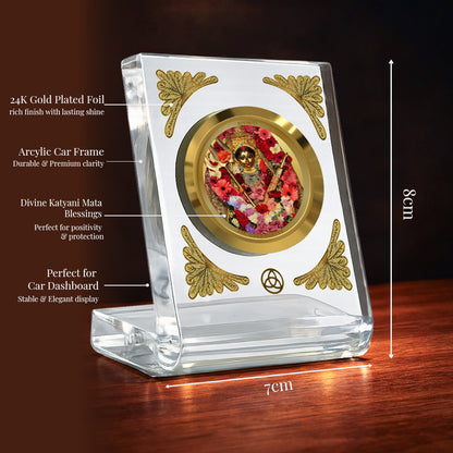 Diviniti 24K Gold Plated Katyayani Mata Acrylic Car Dashboard Frame | Goddess Katyayani for Car, Home Décor, Tabletop & Puja Room | Blessings of Strength, Courage & Protection (ACF1CH)