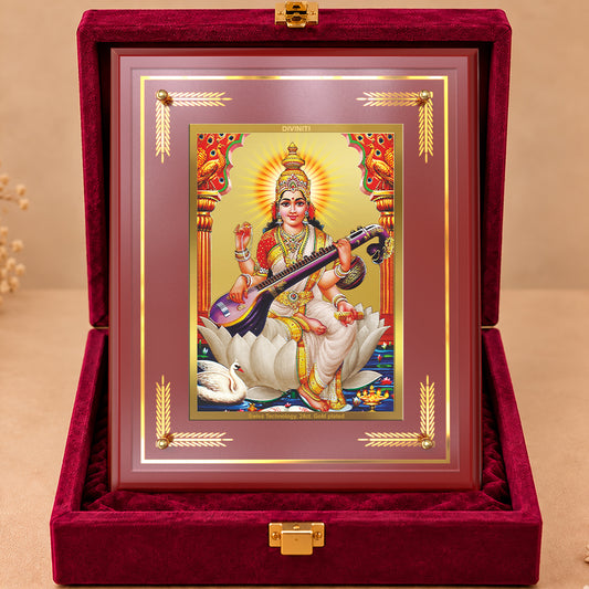 24K Gold-Plated Goddess Saraswati MDF Frame | Premium Gift Box | 27x35 CM