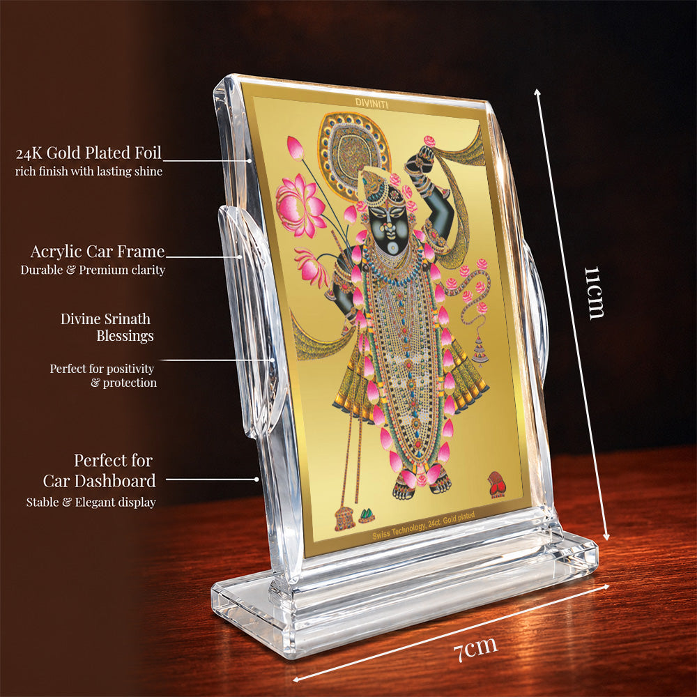 24K Gold-Plated Lord Shrinath Ji Acrylic Car Dashboard Frame | 11x7 CM