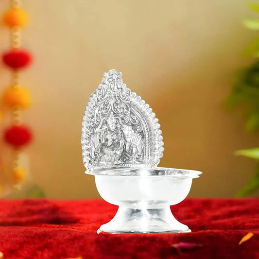 Pure Silver Traditional Lakshmi Kamakshi Diya Decorative Oil Lamps for Puja & Festive Décor