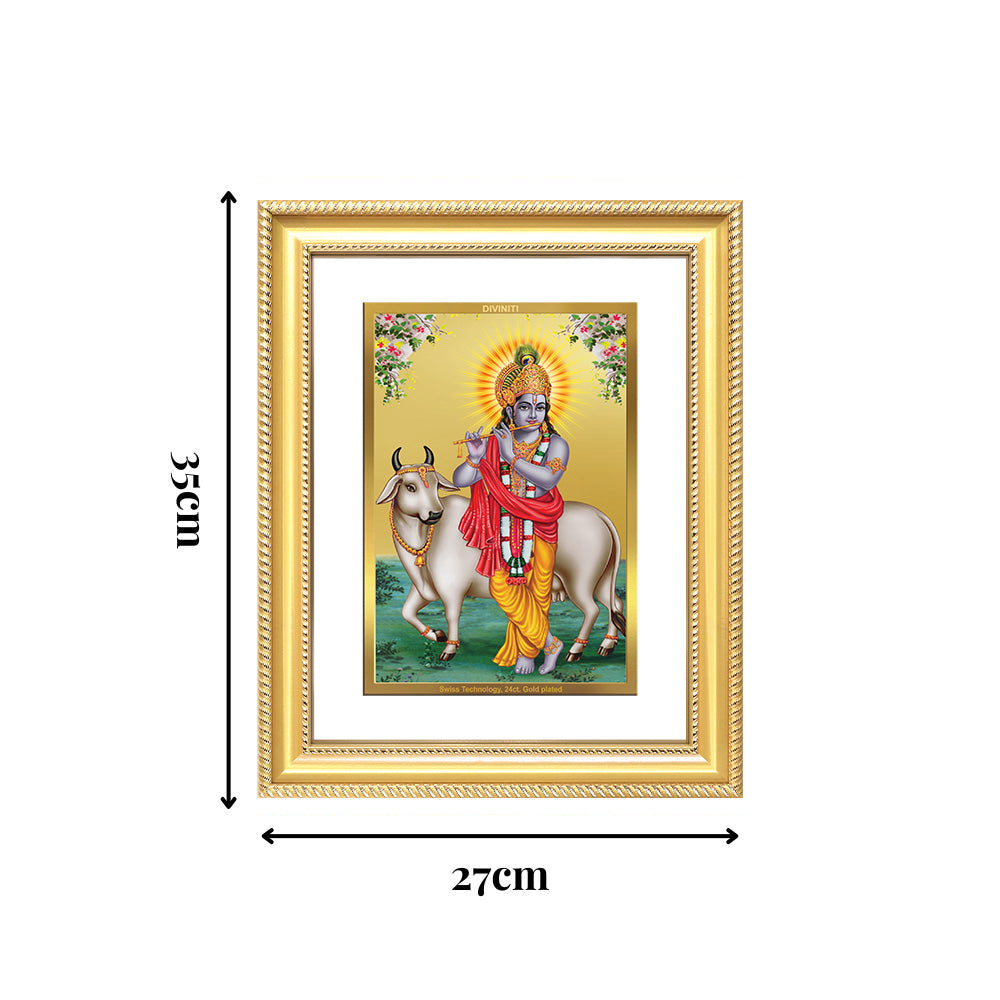 Diviniti 24K Gold Plated Krishna With Surbhi Cow (Classic) Divine Wall Frame for Home Mandir & Office Decor | Luxury Spiritual Gift