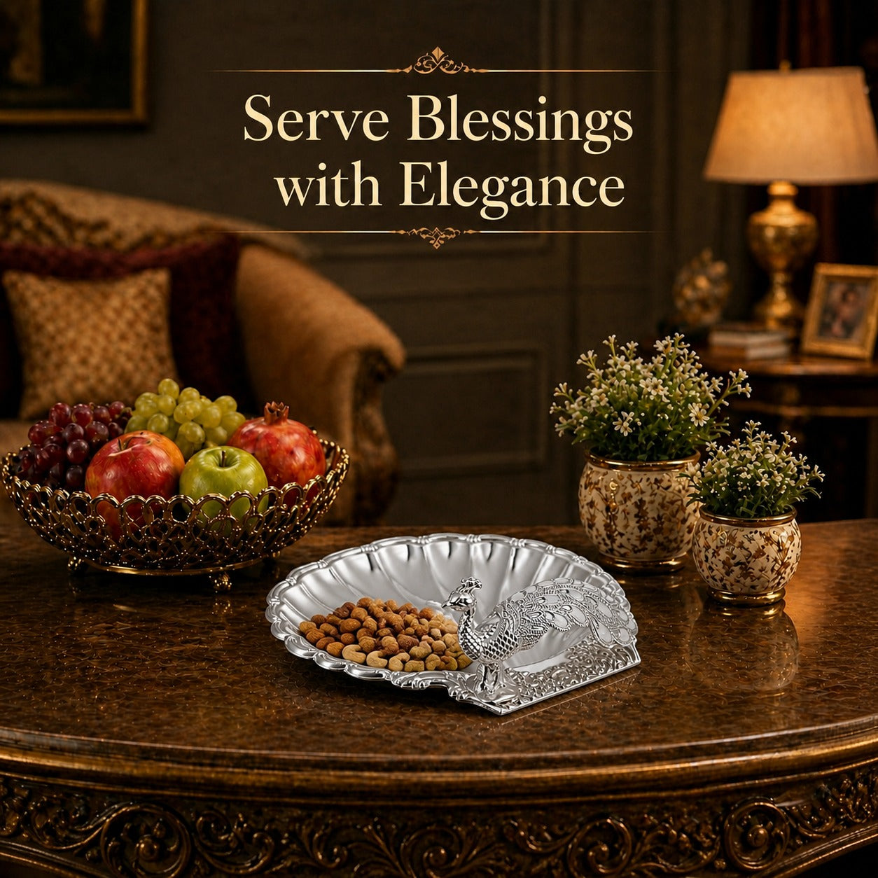 Diviniti Silver Peacock German Silver Dry Fruit Bowl with Gift Box elegantly displayed with fruits and decor on a table.