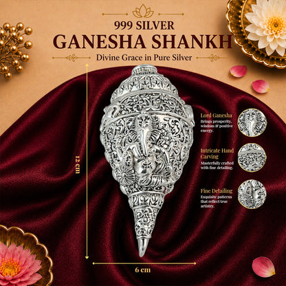 Diviniti 999 Silver Plated Antique Ganesha Shankh Decorative Conch with Gift Box
