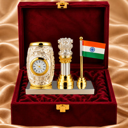 999 Silver-Plated Dual-Tone Ashoka Stambh Pen Stand | Premium Gift Box | 12x15 CM