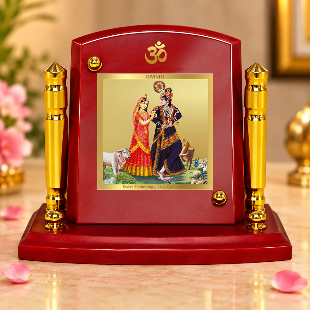 24K Gold-Plated Radha Krishna with Cow MDF Car Dashboard Frame | 7.5x9 CM