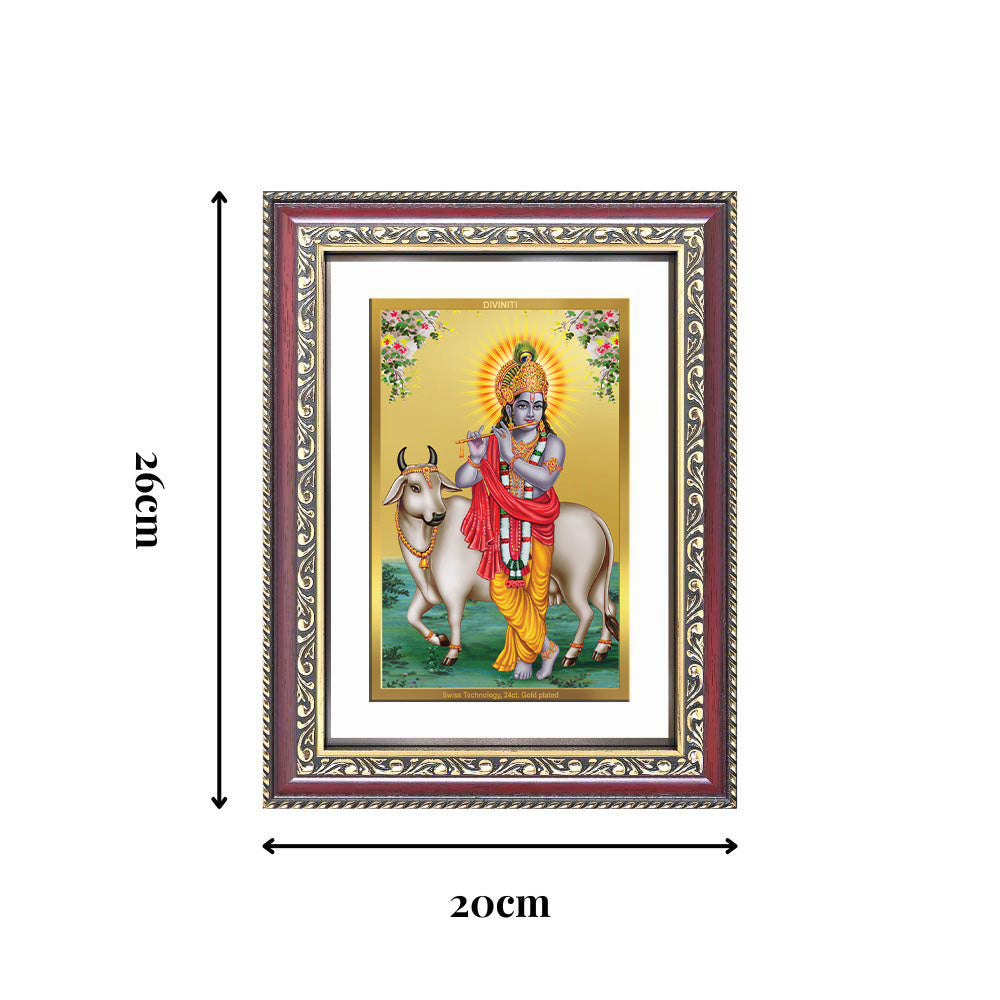 Diviniti 24K Gold Plated Krishna With Surbhi Cow (Classic) Divine Wall Frame for Home Mandir & Office Decor | Luxury Spiritual Gift