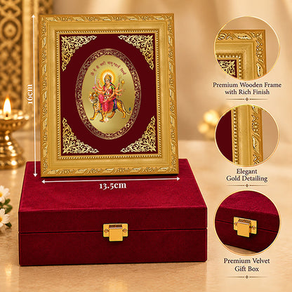 24K Gold-Plated Durga Mata With Sacred Mantra Frame | Premium Gift Box | 16x13.5 CM