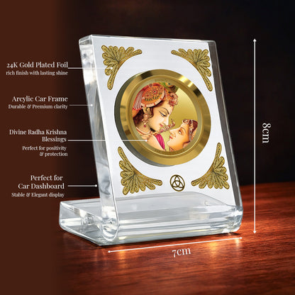 24K Gold Plated Radha Krishna Acrylic Car Dashboard Frame | 8x7 CM