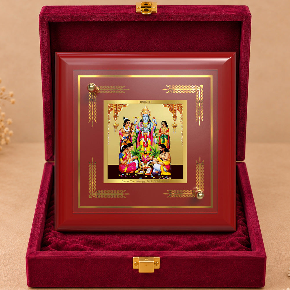 24K Gold-Plated Lord Satyanarayana MDF Frame | Premium Gift Box | 10x10 CM