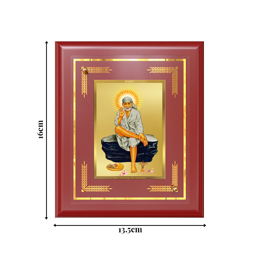 DIVINITI 24K Gold Plated Foil Sai Baba Elegant Photo Frame Idol for Temple, Home Decor, Table Top, Wall Hanging, Gift|MDF Size 1 (16x13.5 CM)