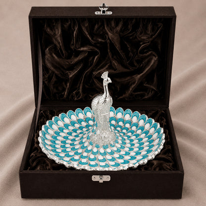 Diviniti Turquoise Blue Peacock German Silver Platter with Gift Box, showcasing elegant peacock design and vibrant colors.