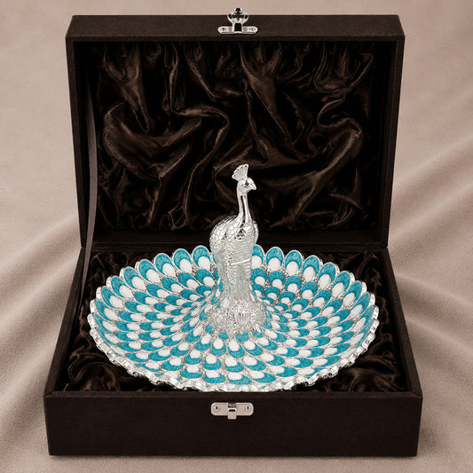 Diviniti Turquoise Blue Peacock German Silver Platter with Gift Box, showcasing elegant peacock design and vibrant colors.