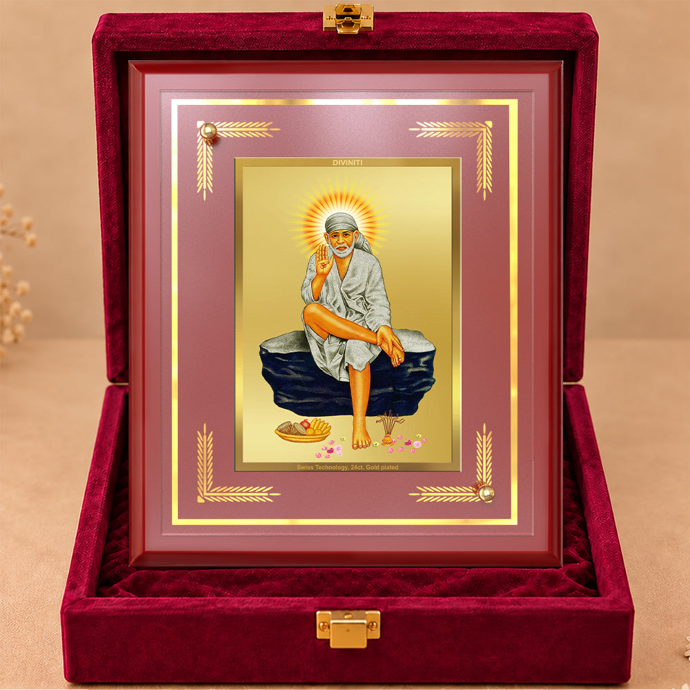 24K Gold-Plated Sai Baba MDF Frame | Premium Gift Box | 26x20 CM