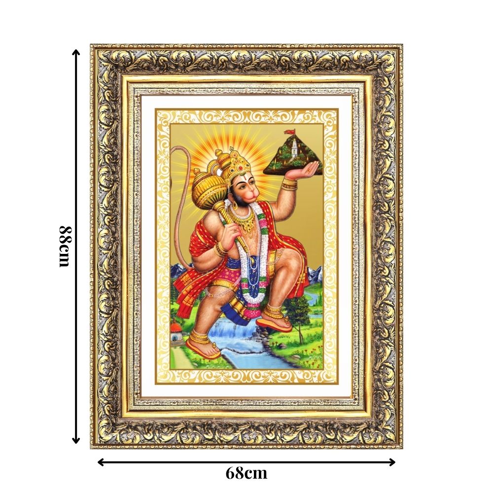 Diviniti 24K Gold Plated Hanuman With Mountain (Classic) Divine Wall Frame for Home Mandir & Office Decor | Luxury Spiritual Gift