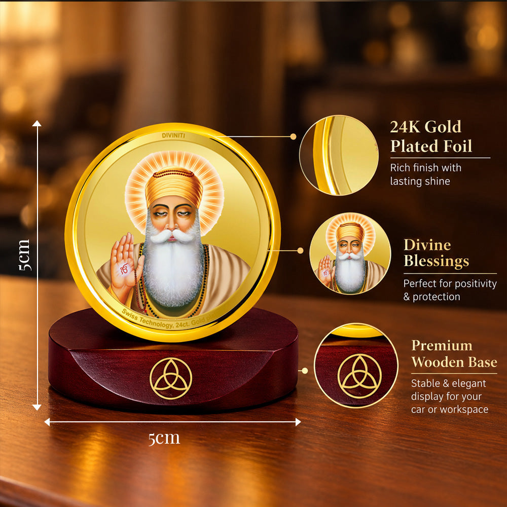 24K Gold-Plated Guru Nanak Dev Ji Car Dashboard Frame | 5x5 CM