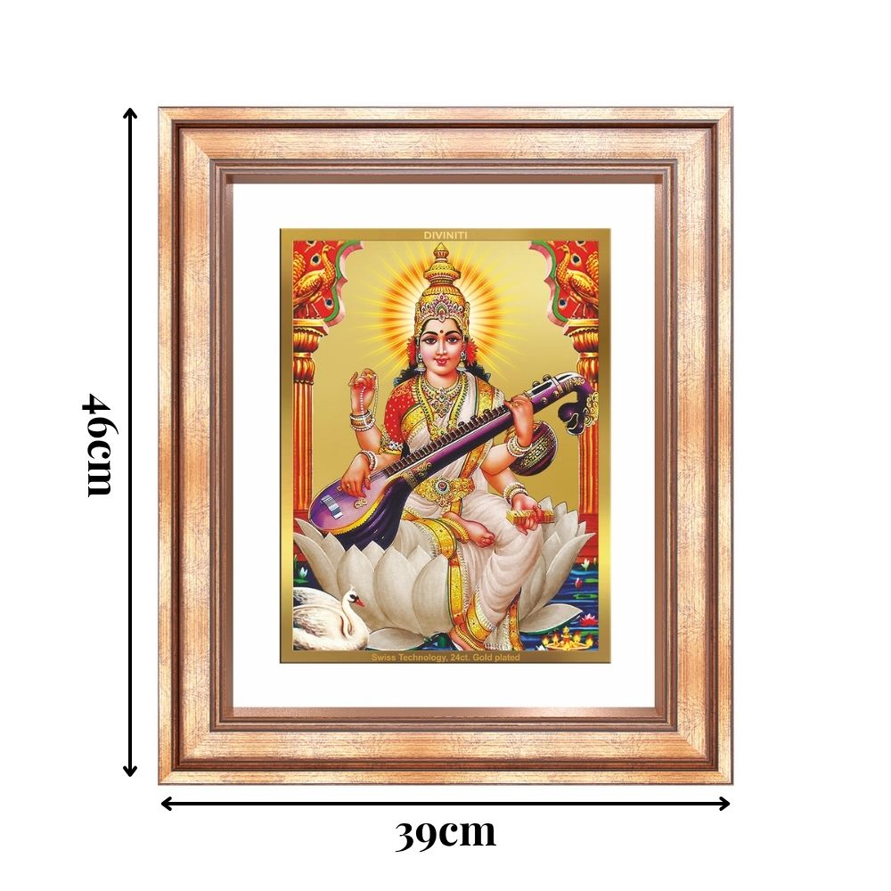 Diviniti 24K Gold Plated Saraswati Mata (Classic) Divine Wall Frame for Home Mandir & Office Decor | Luxury Spiritual Gift