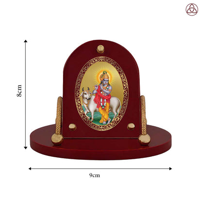 Lord Krishna with Surbhi Cow – Divine Gopal Krishna 24K Gold Plated Photo Frame for Car Dashboard, Home Décor & Tabletop | Blessings of Love, Peace & Prosperity