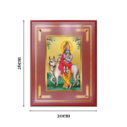 Lord Krishna with Surbhi Cow | Divine Wall and Tabletop Photo Frame in 24K Gold Plated Foil